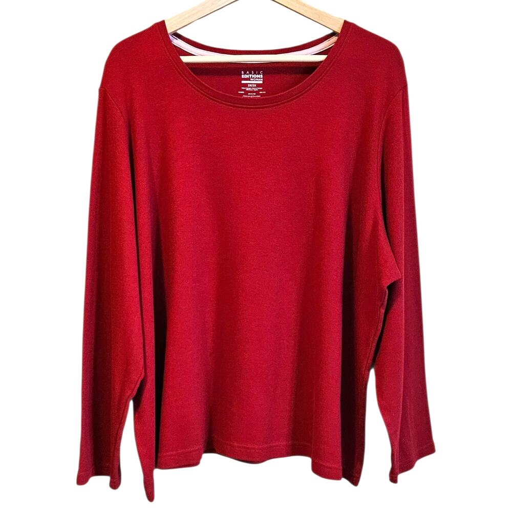 Basic Editions Woman Red Long Sleeve Cotton Top Shirt Plus Size 3X